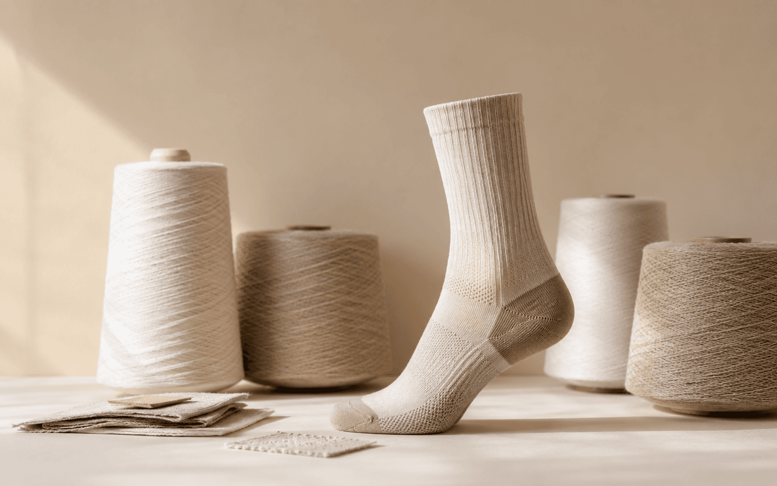 Beige sock with yarns and material samples