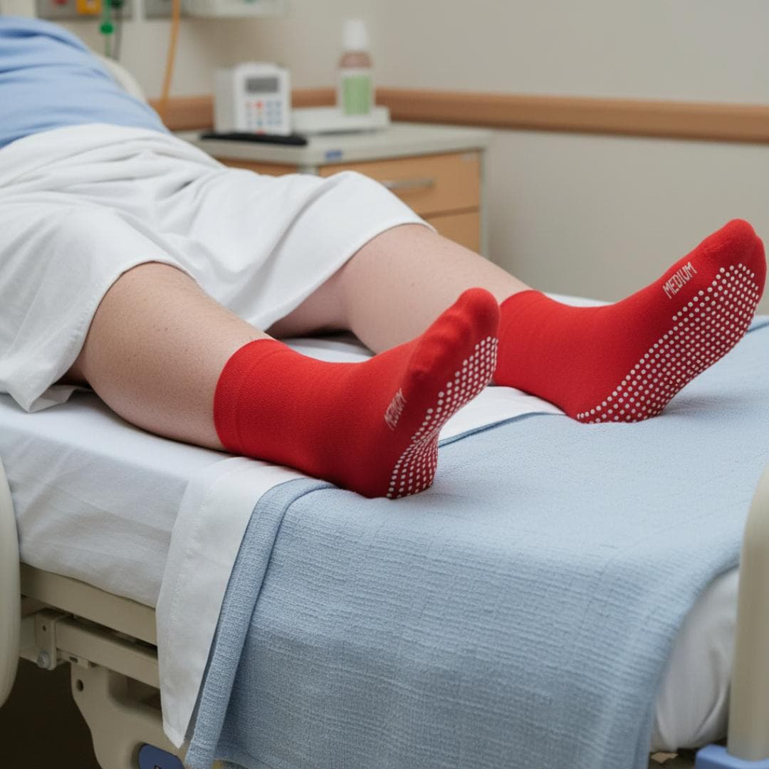 Patient grip socks on hospital bed