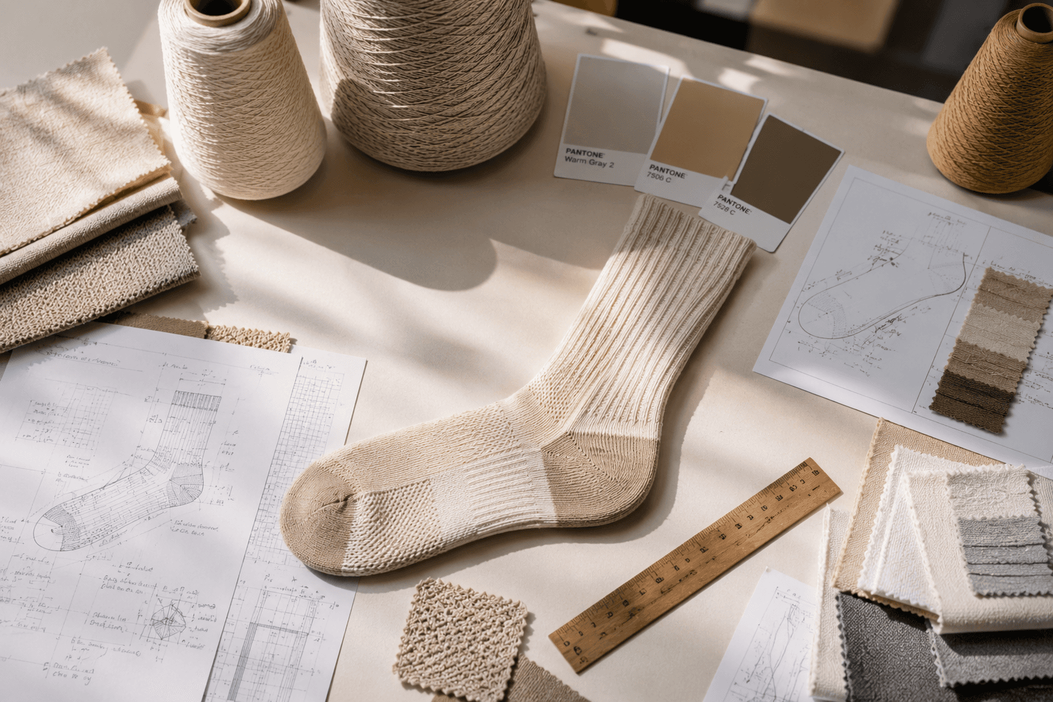 Planning desk with sock materials and development notes